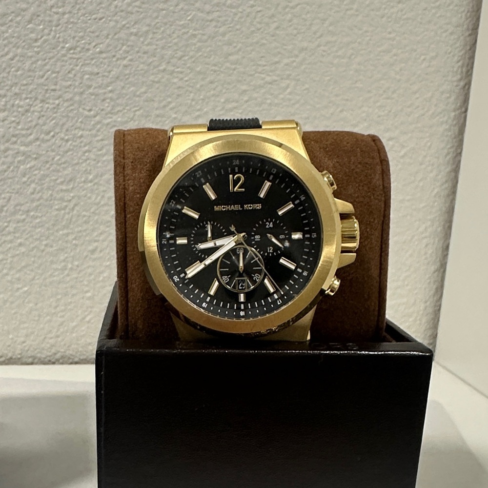 Michael Kors Black and Gold Chronograph Watch. Brand new with box and papers.